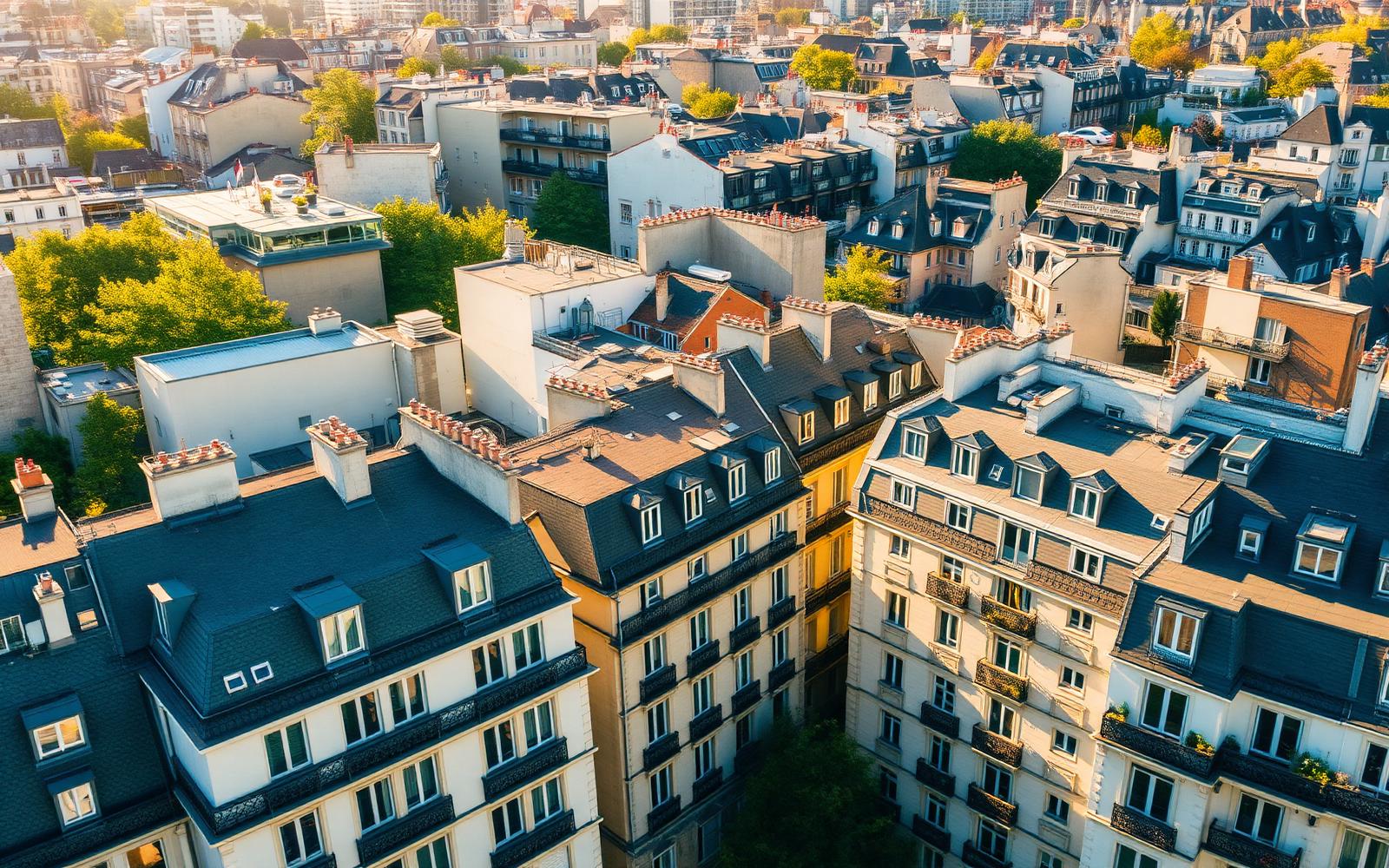Vue aérienne d'un quartier mêlant immeubles haussmanniens et bâtiments contemporains