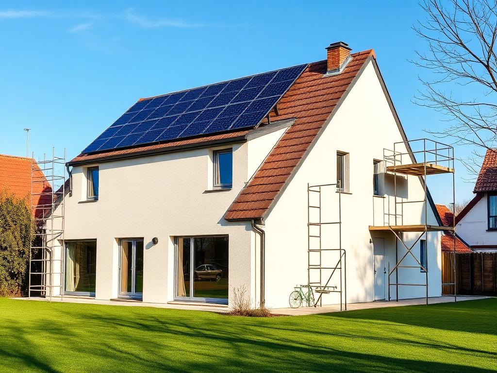 Maison individuelle en rénovation énergétique — panneaux solaires et isolation