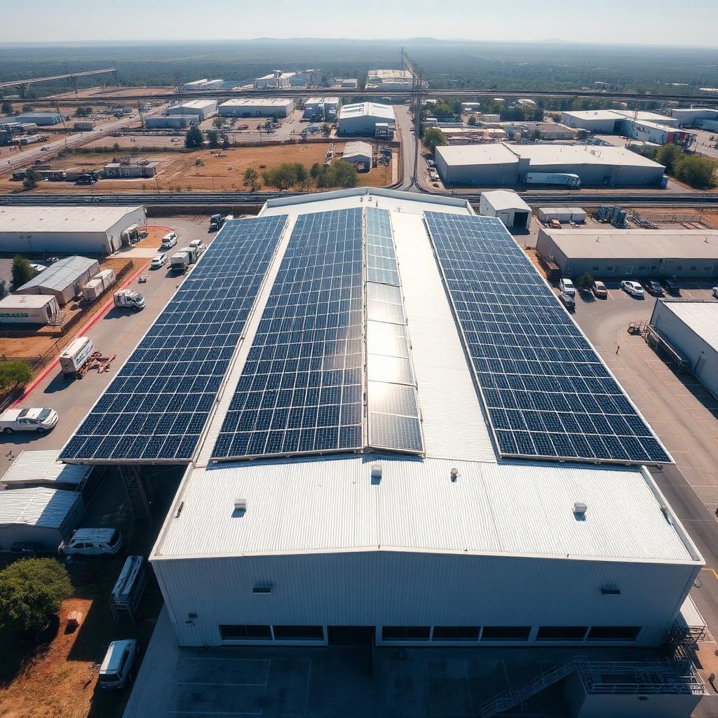 Vue aérienne d'un entrepôt équipé d'une grande centrale photovoltaïque en toiture
