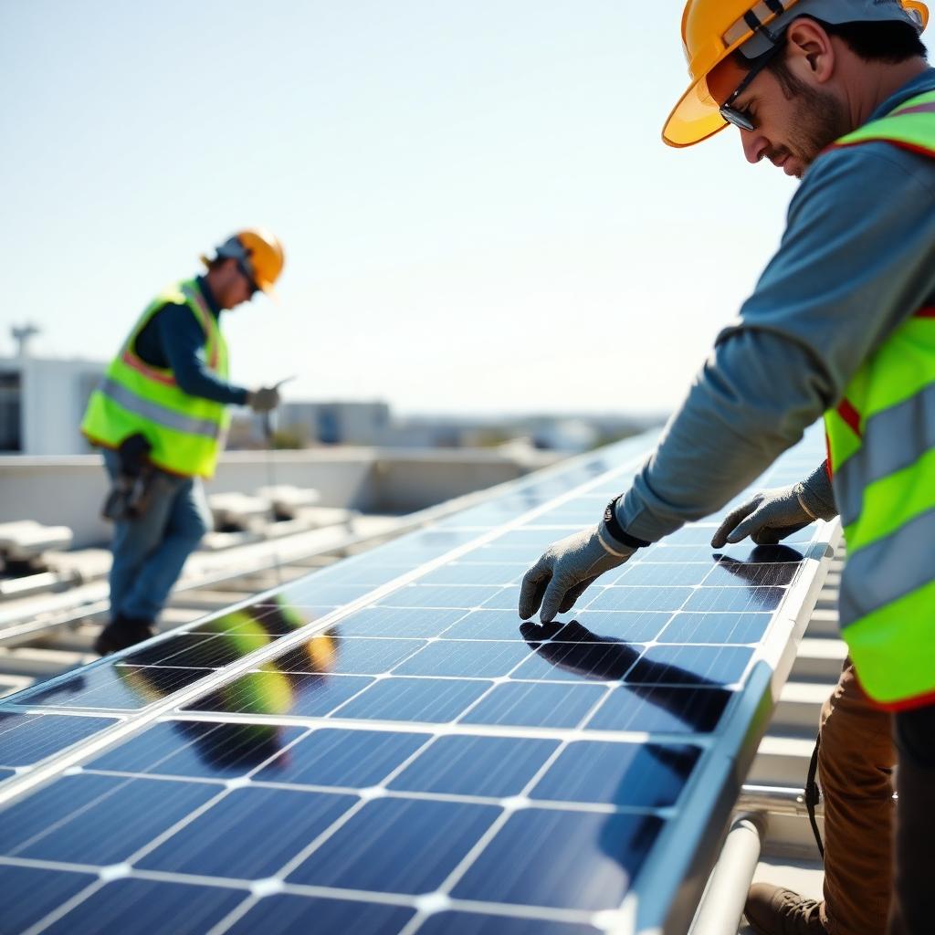 Techniciens posant des panneaux solaires sur une toiture commerciale