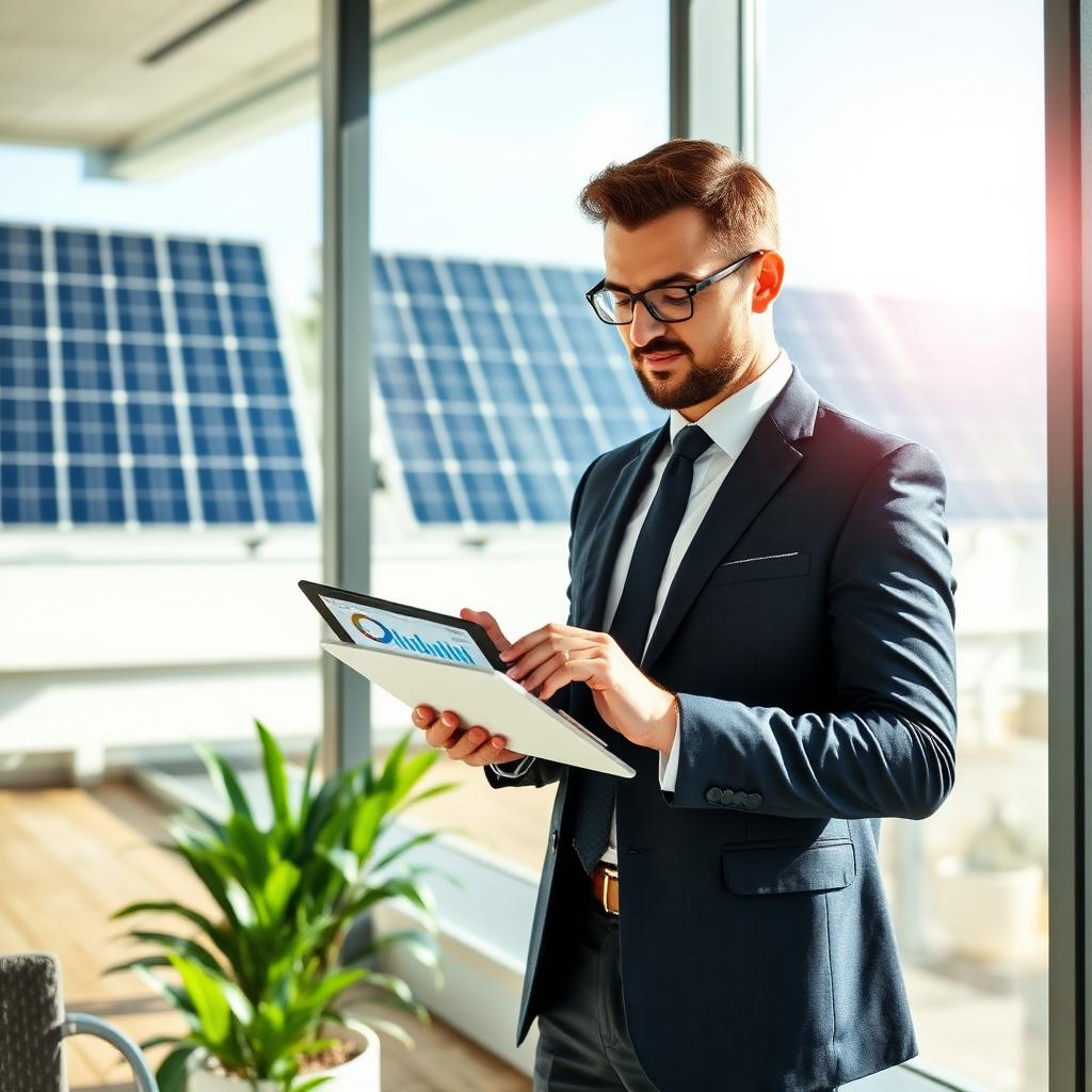 Dirigeant consultant son tableau de bord de production solaire sur tablette